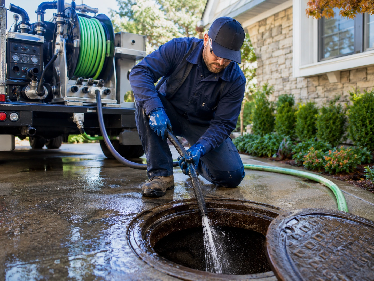 Hydro jetting equipment cleaning a drain line