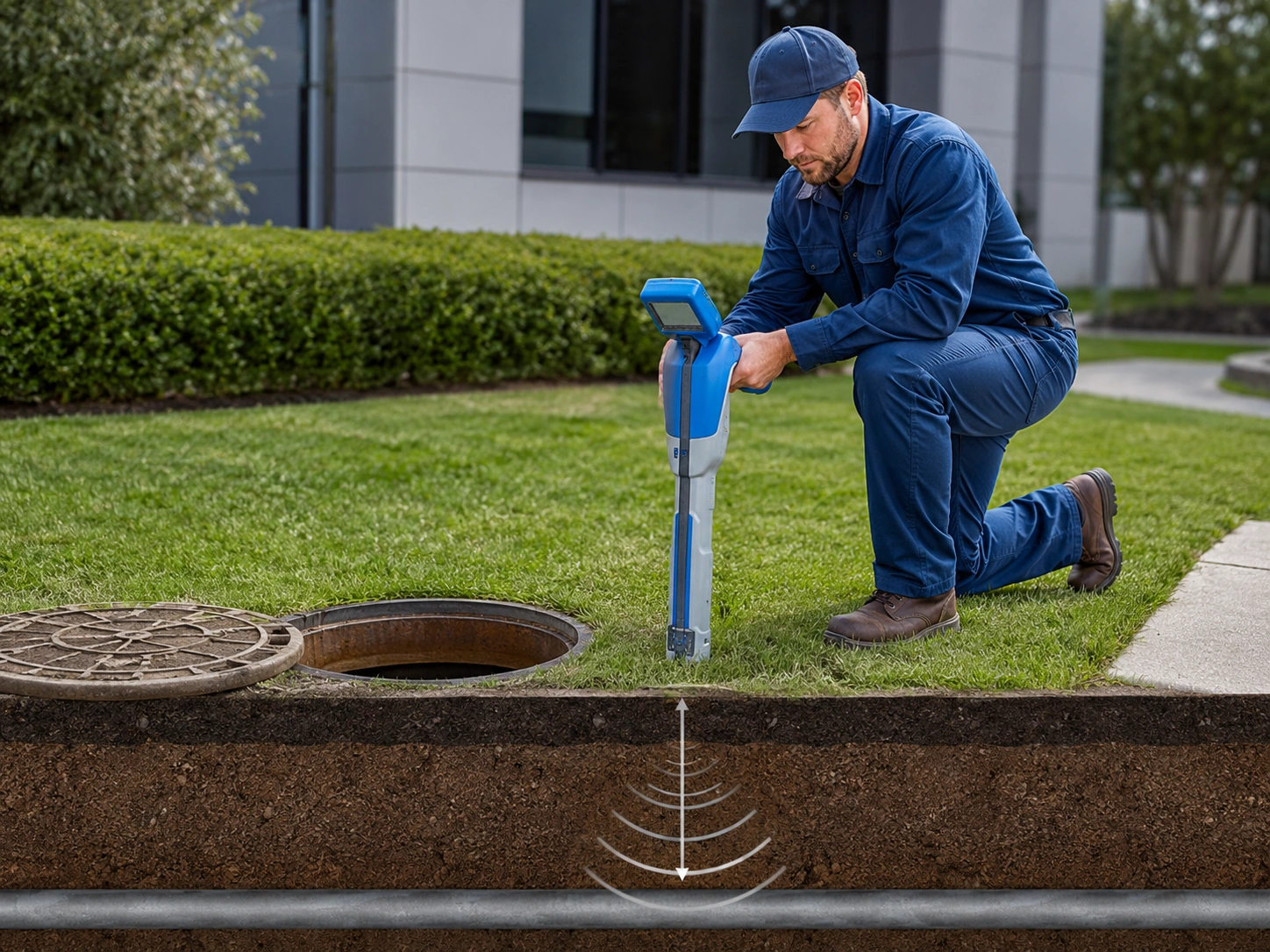 Technician performing sewer line depth locating